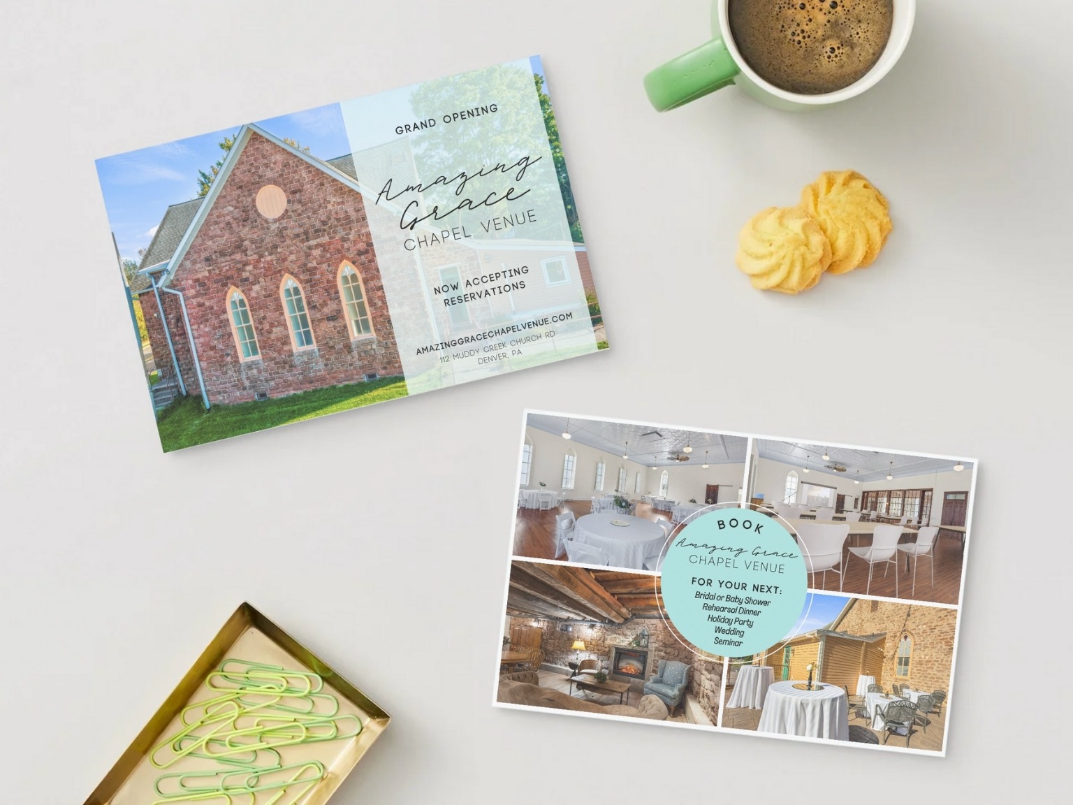 event hall postcard design church wedding baby shower event space